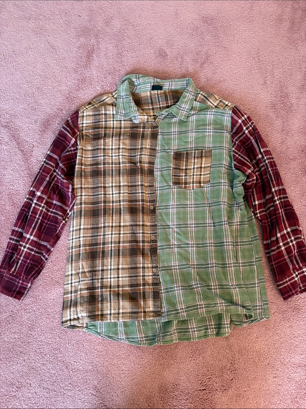 Cotton On Flannel Mixed Plaid Button-Down Shirt - Green, Brown, Burgundy Size L